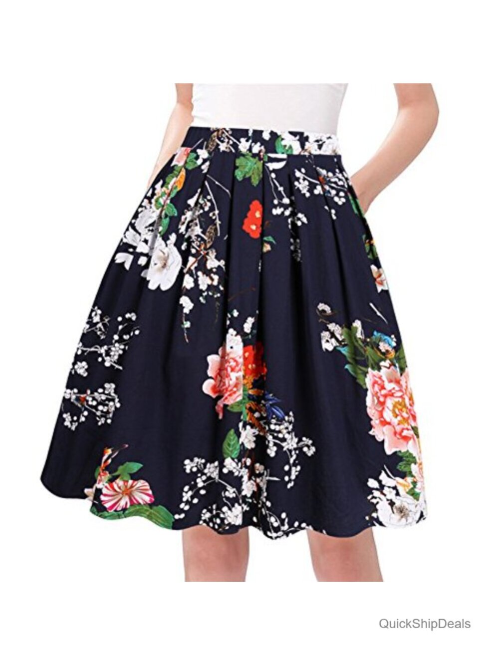 A-Line Pleated Vintage Midi Skirt Women Cotton Spandex High Rise